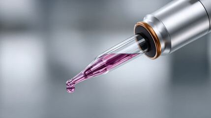 Focused biotech pipette drips liquid for drug discovery research. This crucial step in clinical trials represents hope and precision in modern medicine and science