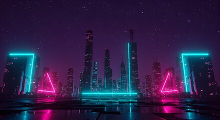 Futuristic cityscape with glowing neon geometric shapes, skyscrapers, and a dark, starry sky, creating a vibrant and modern aesthetic.