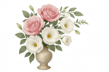 Pink roses and white lisianthus bouquet in vase, elegant floral watercolor illustration on transparent background