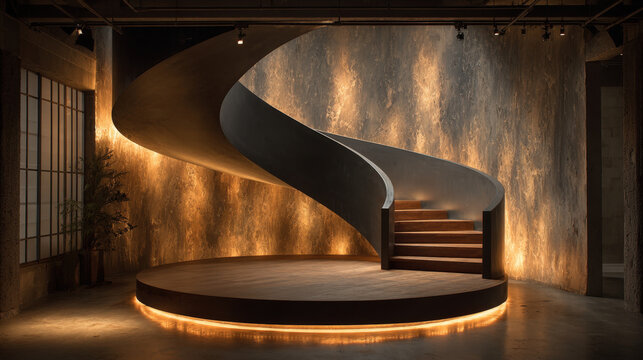 Helical ribbon sculpture on matte pedestal with smoked glass and dramatic rim lighting - Powered by Adobe