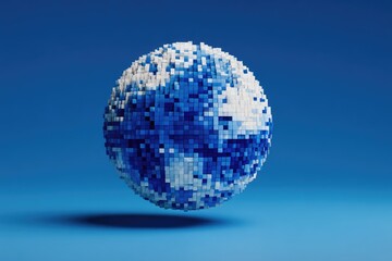A 3D-rendered globe with pixelated details floats over a gradient-blue background
