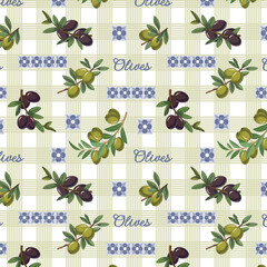 Olive tree branches on a checkered background.Vector seamless pattern with multicolored olives on a checkered background with decor and text.