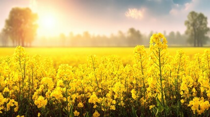 Obraz premium Vibrant field of yellow flowers under a sunrise sky