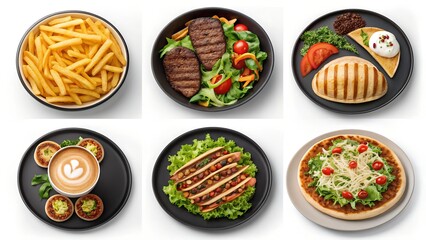 Delicious food assortment with fries steak salad coffee and other tasty meals