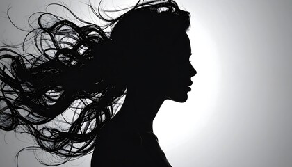Naklejka premium A side-profile silhouette of a woman with flowing hair. The hair billows around her head and shoulders against a gradient white to grey backdrop