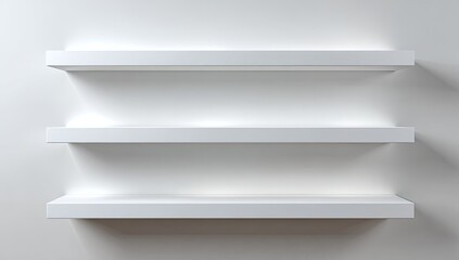 Three stark white rectangular shelves mounted against a smooth, bright, blank wall