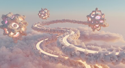 Obraz premium A surreal landscape featuring a winding road through fluffy clouds, connecting floating, illuminated, geometric structures in a soft, dreamy sky.