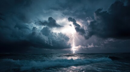 Naklejka premium Stormy seascape with lightning