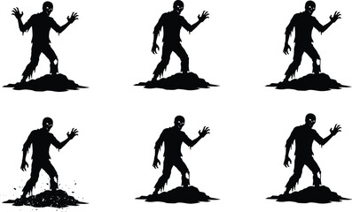 Zombie Silhouette Sequence Emerging from Grave – Horror Vector Set for Halloween, Scary Scene, Creepy Design, Undead Rising Illustration Themes