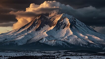 Snow-Capped Mountain with Volcanic Eruption and Dramatic Clouds V1