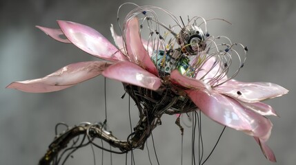 Pink flowerlike sculpture with mechanical parts