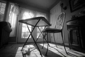 Collapsed folding patio table on concrete floor with visible hardware details