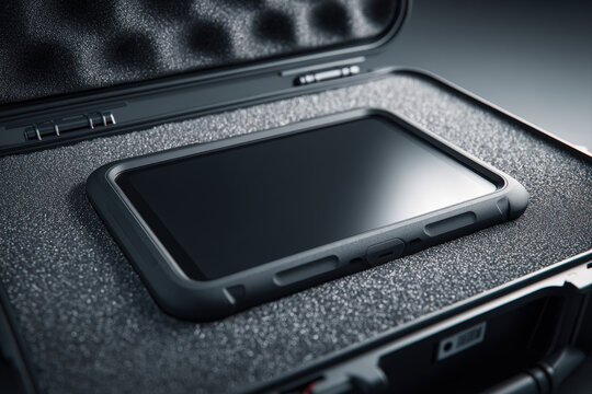 Tablet centered in custom foam insert on subtle grey gradient background