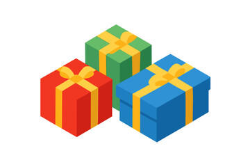 Obraz premium Three colorful isometric gift boxes wrapped with yellow ribbons for holiday celebration