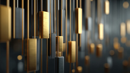Obraz premium Brass bars with glass line overlay on graphite background and vertical copy space