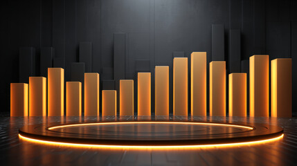 Obraz premium 3D infographic with reflective black acrylic floor and mirror bar chart spotlighted