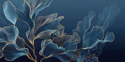 Elegant, abstract botanical illustration with flowing, blue and gold lines over a gradient dark backdrop