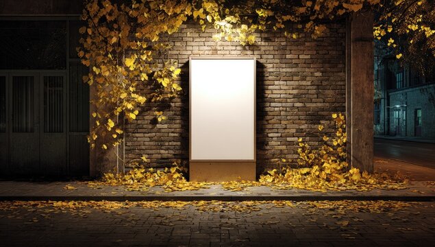 Blank illuminated vertical display on a brick wall, autumn leaves surround it, night setting