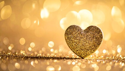 A sparkling golden heart shape glows against a blurred backdrop of glittering bokeh lights, suggesting warmth and affection
