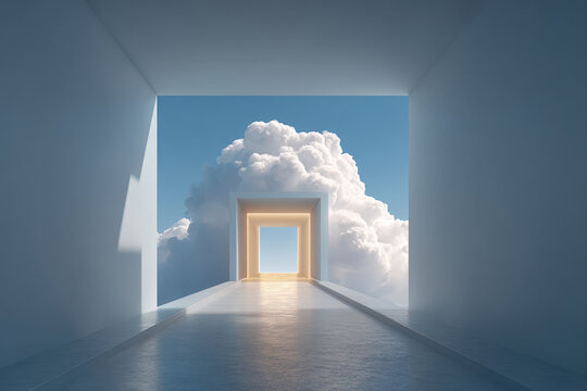 Translucent gateway arches form a glowing corridor leading to a cloud-shaped portal - Powered by Adobe