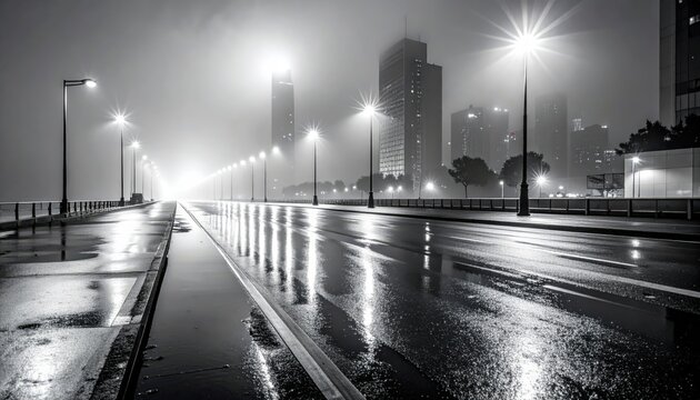 Fototapeta Empty city street with light reflections on a foggy night in black and white