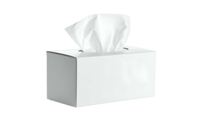 A rectangular white tissue box with tissues emerging from the top opening, isolated on black