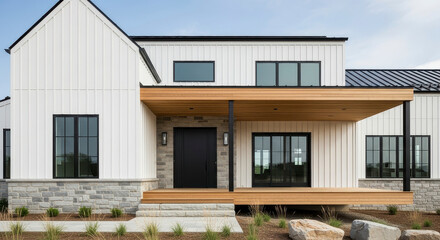 Modern Farmhouse Design With Natural Wood Accents And Stone Foundation