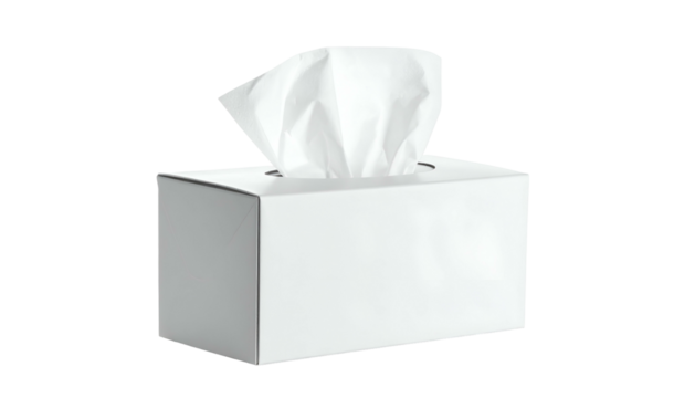 A rectangular white tissue box with tissues emerging from the top opening, isolated on black