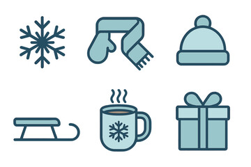 Essential winter season and Christmas holiday objects featuring cold weather clothing and festive items