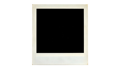 A vintage Polaroid photo frame with a black void against a solid black background