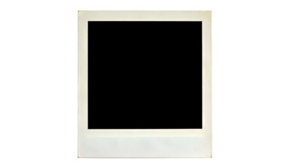 A vintage Polaroid photo frame with a black void against a solid black background