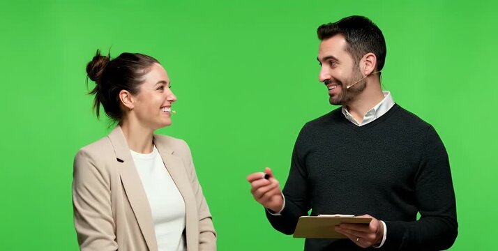 Two people in conversation against a green screen backdrop.