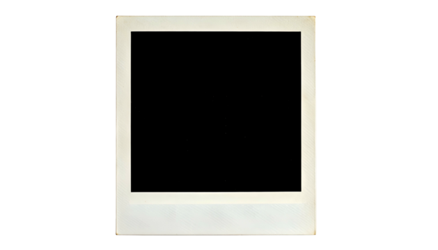 A vintage Polaroid photo frame with a black void against a solid black background