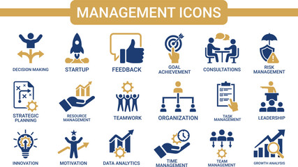 Fototapeta premium Project management icons set, Containing management, workflow, task completed, deadlines, teamwork, goal setting, progress tracking, financial growth, Solid vector icons set collection. illustration