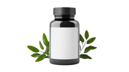 Vitamin Bottle with Leaves on Transparent Background