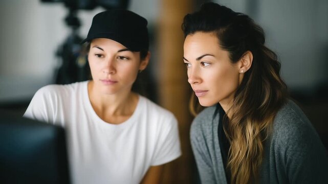 Female filmmakers discussing storyboard and camera setup on film set, teamwork in production female filmmakers teamwork, storyboard discussion, camera setup, film set behind the sc