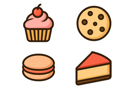 Sweet dessert food items set featuring cupcake, chocolate chip cookie, macaron, and cheesecake slice outline