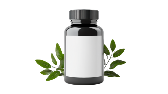 Vitamin Bottle with Leaves on Transparent Background - Powered by Adobe