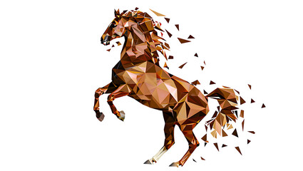 A dynamic low poly 3D model of a brown horse rearing up as it dissolves into geometric particles, isolated on white.