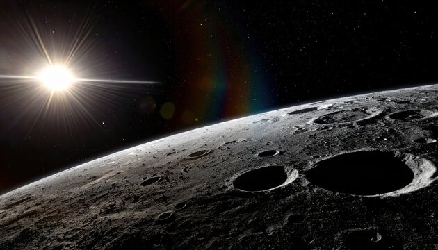The cratered surface of the Moon with a bright sun and lens flare in space - Powered by Adobe