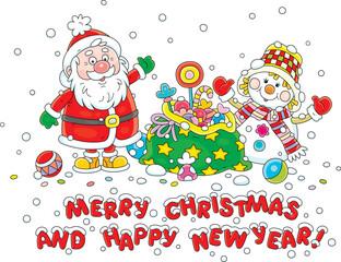 Merry Christmas and happy New Year card with Santa Claus, Snowman and a magical bag of winter holiday gifts for little children, vector cartoon illustration on a white background
