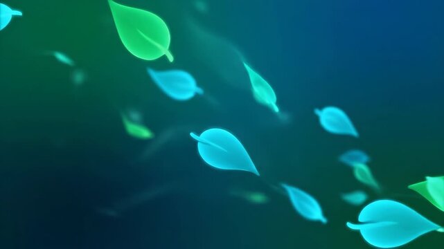 Seamlessly looping video of soft ethereal emerald green and turquoise leaf shapes subtly swirling and drifting in a tranquil abstract current animated, soft focus, texture