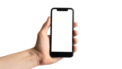 Hand holding smartphone with a blank white screen, isolated on a transparent black background