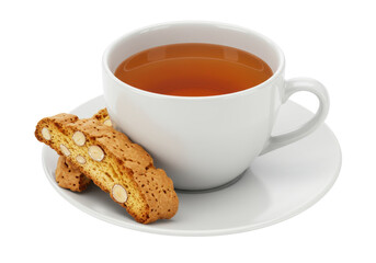 Isolated biscotti cookies and a cup of tea on a saucer, breakfast food photography concept
