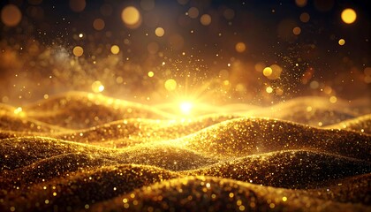 A sparkling landscape of glittering golden dunes, illuminated by a radiant burst of light in a dreamy, bokeh-filled atmosphere