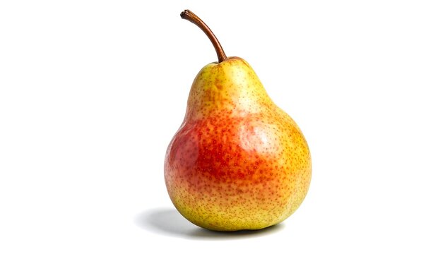 A single ripe pear with a reddish-yellow skin stands on a white surface, casting a shadow. The stem is brown and curved