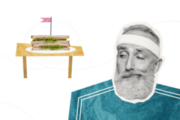 Creative collage elder man sportsman healthcare lifestyle look sandwich tempting food yummy junk meal fat calories unhealthy nutrition