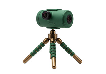 Isolated green camera on tripod, small spherical shooting device, for video and photos