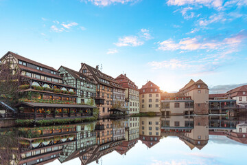 Sunset at Little France in Strasbourg France Terraces and half-timbered houses, as seen from pont Saint-Martin in la Petite France