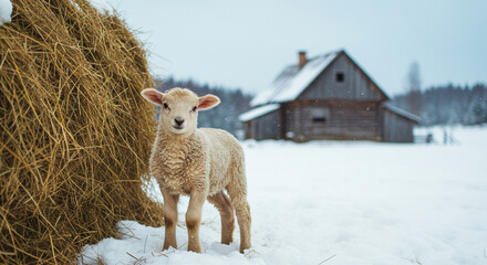 Lambs near snowy haystack with wooden farmhouse in rural winter landscape